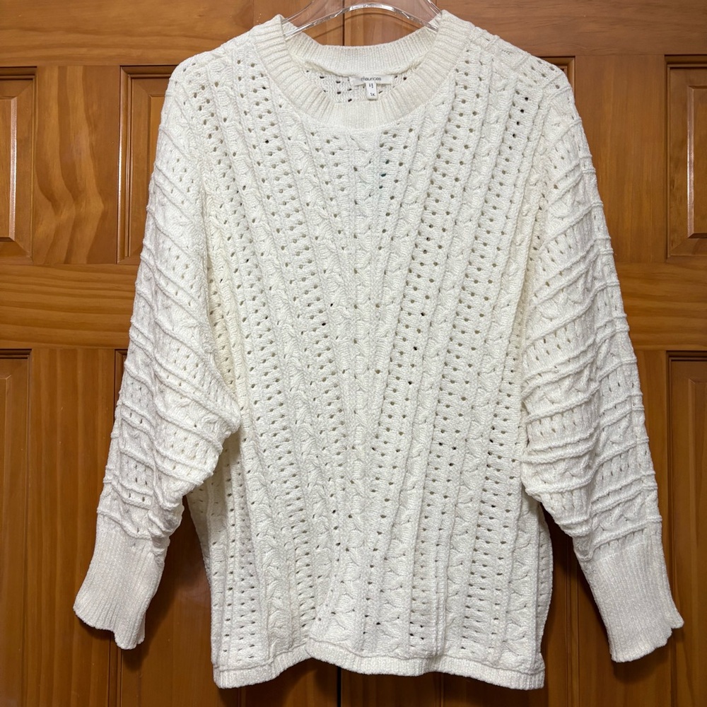Maurices Cream Open-Stitch Cable Crewneck Chenille Sweater Size 1X NWT